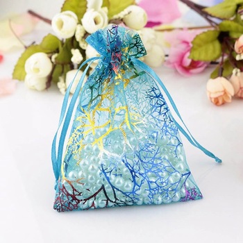 100pcs Blue Coral Organza Bag Drawstring Pouch Bag Organizer Jewelry Box Gift For Wed Christmas Jewelry Display Packaging Bags